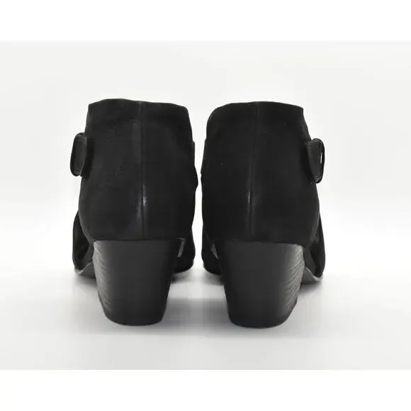 A7 Auth EILEEN FISHER Iris Black Nubuck Cutout Peep Toe Block Heels Sandals Sz 9 - Picture 6 of 7
